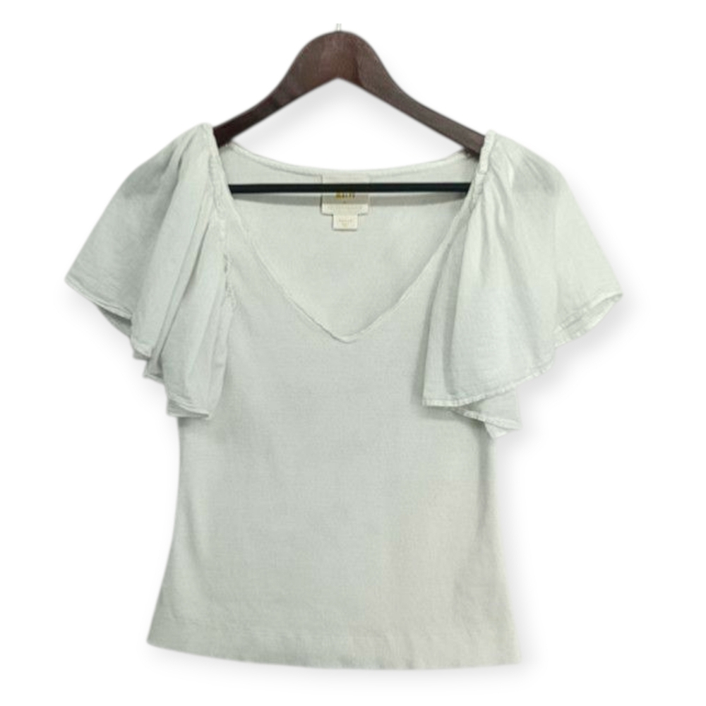❌SOLD❌️Maeve by Anthropologie White Flutter Sleeve Stretchy Rib Knit V-Neck Top - Picture 4 of 11